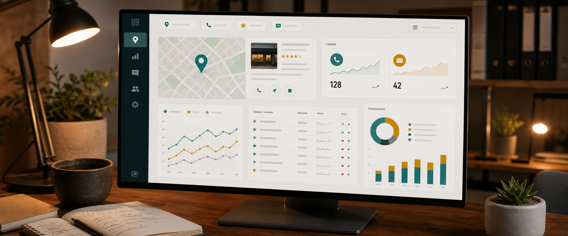 A local SEO analytics dashboard with a map listing, ranking trends, lead metrics, and monthly report charts.